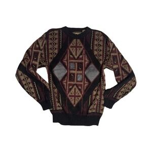 AMFK Collection By Moda VTG 80s Burgundy Geometric Leather Patches Sweater Sz L